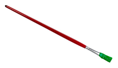 narrow paint brush with green colored tip and brown handle isolated on white background