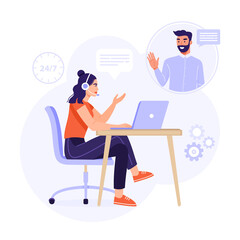 Customer service or call center concept. Woman operator with headset consulting a client. Online technical support 24/7. Vector business illustration for presentation, poster, social media etc.