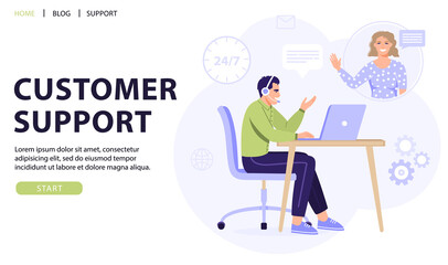 Customer service, online assistant or call center concept. Man operator with headset consulting a client. Online technical support 24/7. Vector web page banner illustration.
