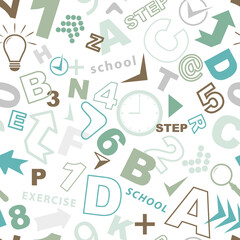 Background in a school theme. Numbers, letters, arrows, objects in green and brown colors. Back to school. Seamless vector pattern.