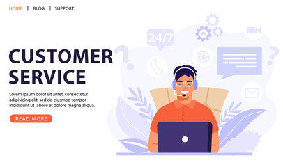 Customer service, online assistant or call center concept. Man operator with headset talking with client. Online technical support 24/7. Vector web page banner illustration.