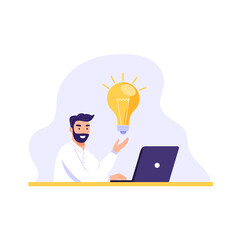 Man working on laptop and have idea or solution. Brainstorm vector illustration on white background.