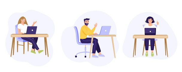 Collection of office workers sitting at desks. Men and woman sitting on a chair at the table and working on laptop. Vector illustration on white background.