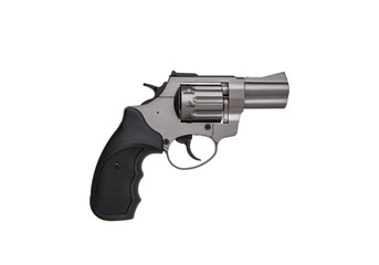 silver gun revolver isolate on white background. Weapons for sports and self-defense.