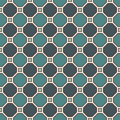 Repeated octagons stained glass mosaic background. Blue ceramic tiles. Seamless pattern with geometric ornament.