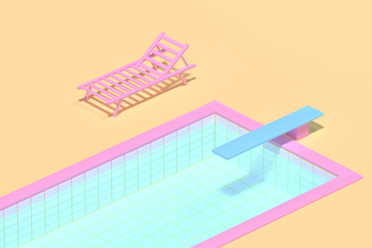 3D render. Sunbed near the pool in pink and yellow colors. Minimalistic style, aesthetic and surrealism. Summer vacation vibes