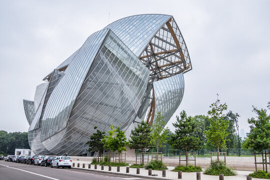 Modern architecture of Louis Vuitton Foundation (2014). Louis Vuitton Foundation - art museum and cultural center. Fragments of Louis Vuitton building design. PARIS, FRANCE. June 11, 2018.