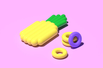 3D render. Inflatable rubber mattress in the shape of yellow pineapple fruit and rings on purple background. Digital art. Minimalistic style, aesthetic and surrealism. Summer vacation vibes