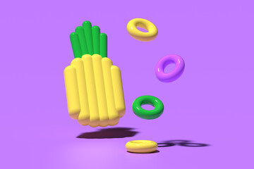 3D render. Inflatable rubber mattress in the shape of yellow pineapple fruit and rings on purple background fly. Digital art. Minimalistic style, aesthetic and surrealism. Summer funny vacation
