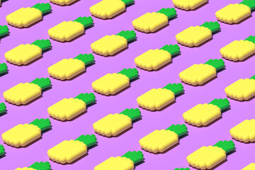 3D render. Pattern of Inflatable rubber mattresses in the shape of yellow pineapple fruit on purple background. Digital art. Minimalistic style, aesthetic and surrealism. Summer vacation vibes
