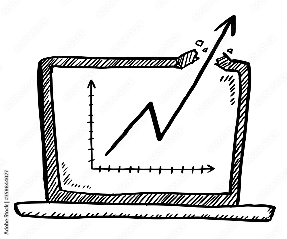 Poster cartoon style doodle of notebook with data graph popping out of the monitor