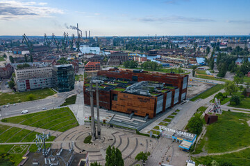 Aerial view of European Solidarity Center and the monument to the Fallen Shipyard Workers of 1970 with three crosses. Tricity, Pomerania, Poland. - obrazy, fototapety, plakaty