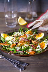 Smocked mackerel salad with eggs and radish. Healthy diet food