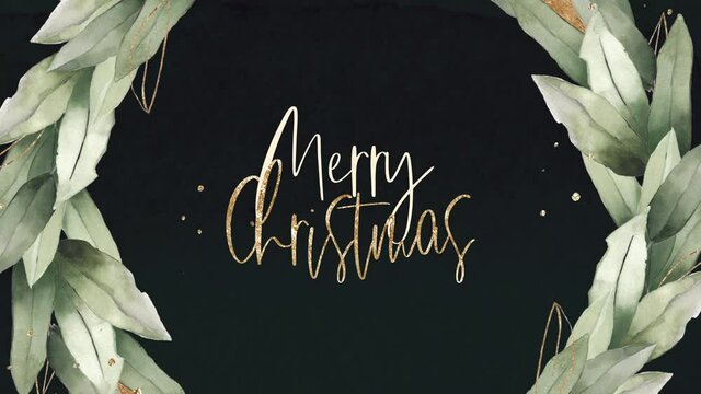 Merry Christmas xmas holiday animation leaf natural wreath festive gold texture handwritten font dark deep green golden luxurious  