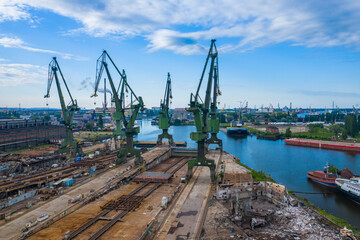 Gdansk Harbor Aerial View. Cranes at the famous shipyard of Gdansk, Pomerania, Poland.