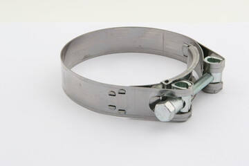 clamp connecting elements (staples) used for fixing and sealing the connection of hoses, pipes and other rigid and flexible pipelines. for business, on a white background, online store