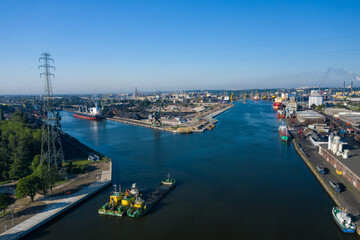 Fototapeta na wymiar Gdansk Harbor Aerial View. Cranes at the famous shipyard of Gdansk, Pomerania, Poland.