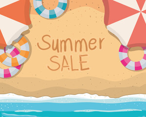 beach with summer sale floats and umbrellas text top view design, Summer vacation and tropical theme Vector illustration