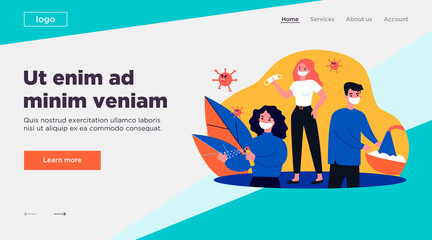 People practicing hygiene for protection from coronavirus. Men and women wearing face masks, washing and sanitizing hands. Vector illustration for coronavirus, disease prevention, guide concept