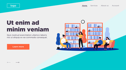 People in library flat vector illustration. Cartoon woman and man sitting on sofa, studying bookshelves and reading with books. Learning and knowledge concept © Bro Vector