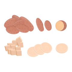 Potatoes. Potato tubers. Sliced ​​into wedges. Graphic drawing. Cartoon style