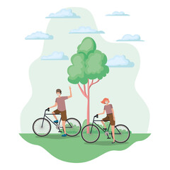 Girl and boy with mask on cycle at park design of medical care and covid 19 virus theme Vector illustration