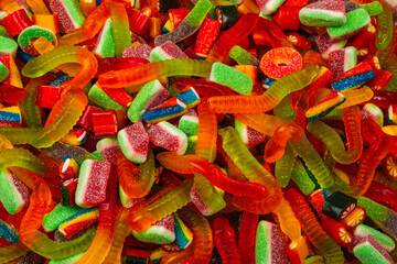 Assorted gummy candies. Top view. Jelly  sweets background.