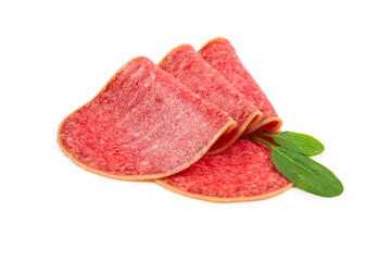 Salami slices isolated on white background.