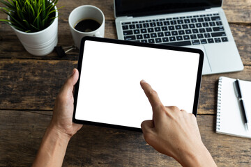 Mockup image tablet, man hand holding tablet pc with blank white screen