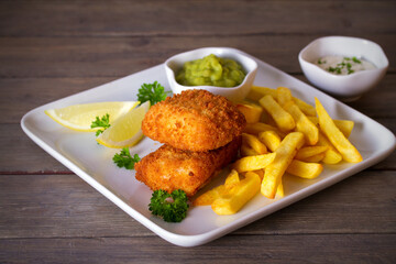 Fish and chips, mushy peas and sauce on white plate. Horizontal image