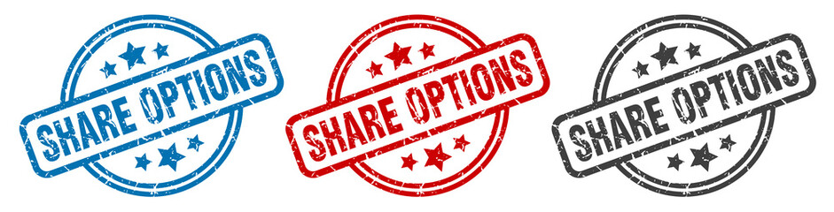 share options stamp. share options round isolated sign. share options label set