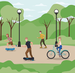 People with masks on cycle and skateboards at park design of medical care and covid 19 virus theme Vector illustration