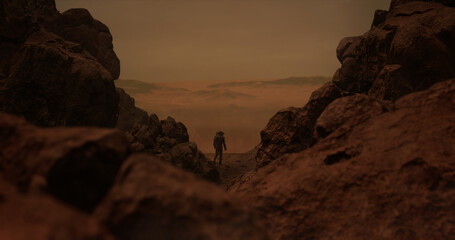 Lonely astronaut walking on a surface of a red rocky planet. Mars colonization concept. 3D rendering © supamotion