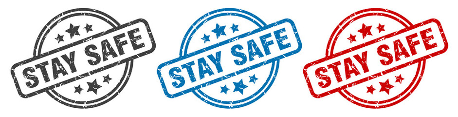 stay safe stamp. stay safe round isolated sign. stay safe label set