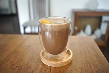 Iced chocolate  in  a glass at  coffee shop