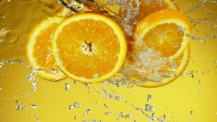 Super slow motion of orange slices collision with water splashes. Filmed on high speed cinema camera, 1000 fps. - Powered by Adobe