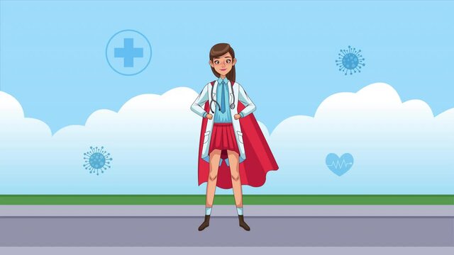 female heroic super doctor with covid19 particles character animated
