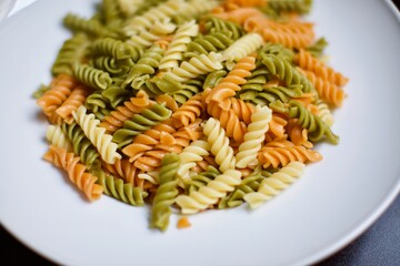 Vegetables pasta. Yellow, green and orange colors with white porcelain plate. Close up view.