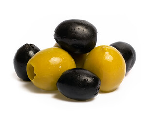 black and green olives without bones on a white background
