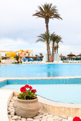 Fototapeta na wymiar Empty area of an aquapark or a resort hotel with swimming pool, nobody, flower pot is on foreground