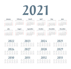 Fototapeta na wymiar English calendar for years 2021-2033, week starts on Sunday