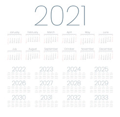 English calendar for years 2021-2033, week starts on Sunday
