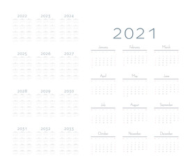 English calendar for years 2021-2033, week starts on Sunday