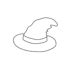 A cute fancy hat of a witch set vector outline illustration isolated object on the white background, clipart useful for halloween party decoration, hand drawn image, cartoon spooky character