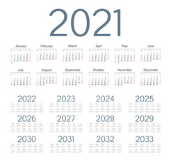 Fototapeta na wymiar English calendar for years 2021-2033, week starts on Sunday