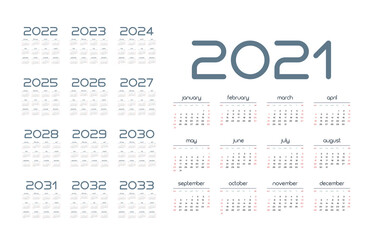 English calendar for years 2021-2033, week starts on Sunday