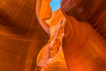 A patch of blue sky seen above lower Antelope Canyon, Page, Arizona