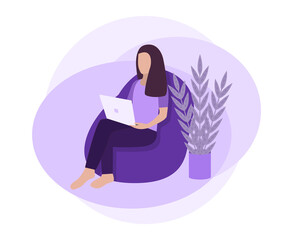 Young girl working on a laptop at home. Freelance Work at home. Home Office. Vector illustration.