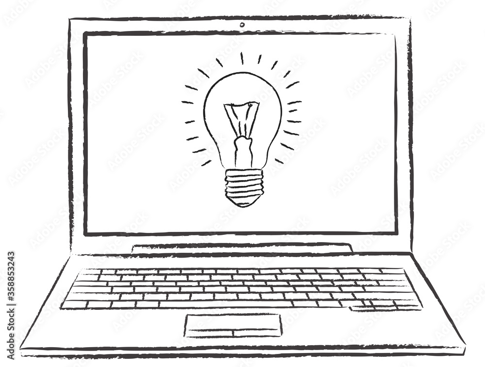 Poster sketch style doodle of netbook with idea bulb on screen