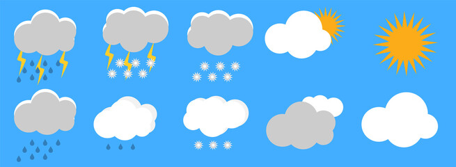 Weather forecast icons set. Flat style. Bad weather. Vector illustration.